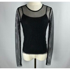 Rachel Zoe Mesh Top XS Black Rhinestone Fishnet Sheer Y2K Goth Club
